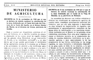 Decreto de 25 de noviembre de 1940 por el que se declara de interés nacional la colonización dela zona dominada por el Canal derivado del Pantano de la Torre del Águila, en el Arroyo Salado de Morón, en el término de Utrera, provincia de Sevilla.-image